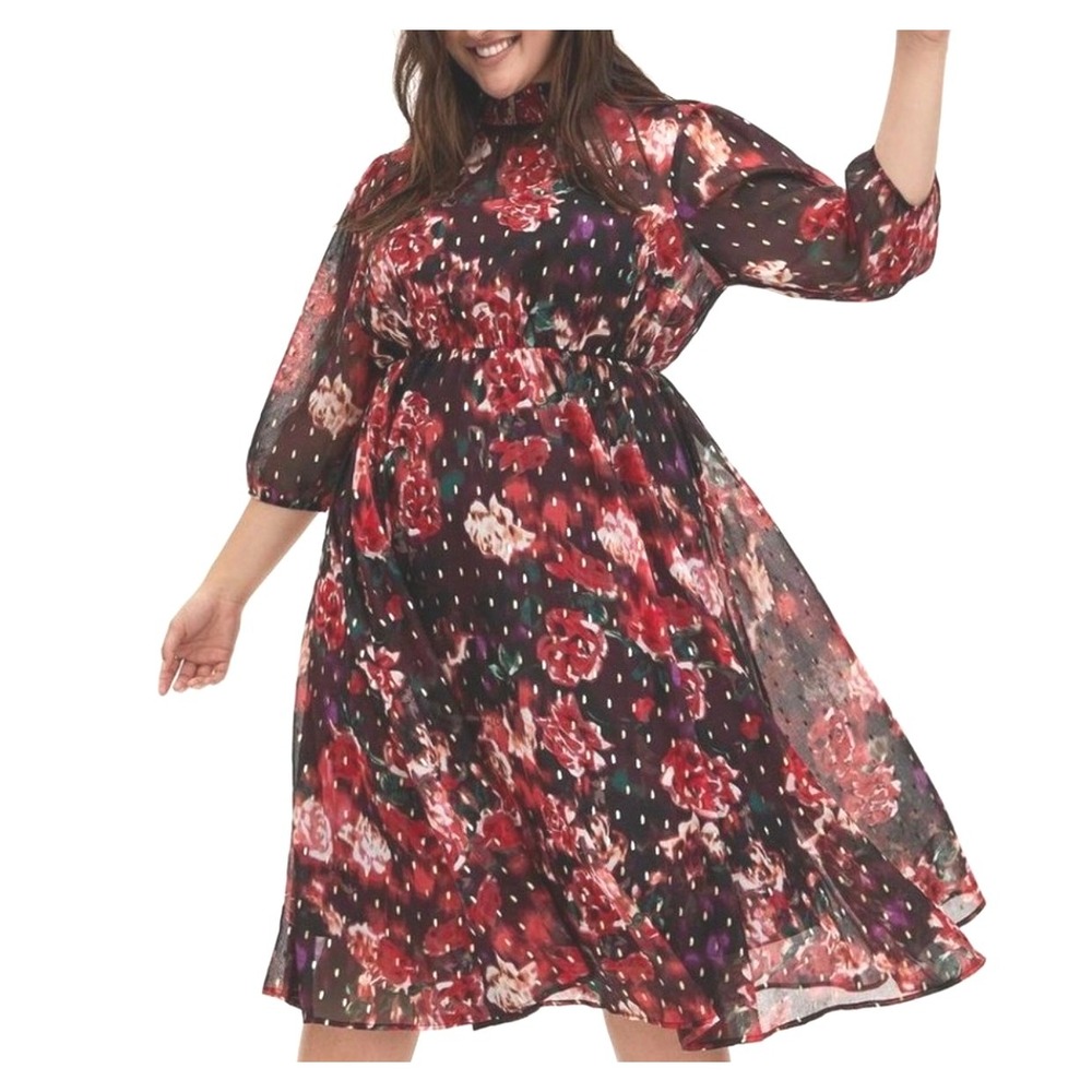 Torrid Chiffon Dress Plus 1X Floral Print Mock Neck Smocked Waist Midi Burgundy - Picture 5 of 8